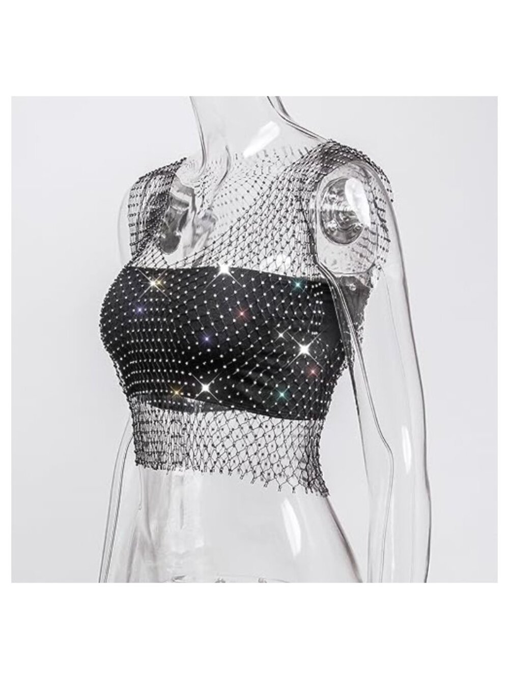Rhinestone See Through Fishnet Mesh Crop Top Sleeveless Tank Clubwear - Picture 6 of 6